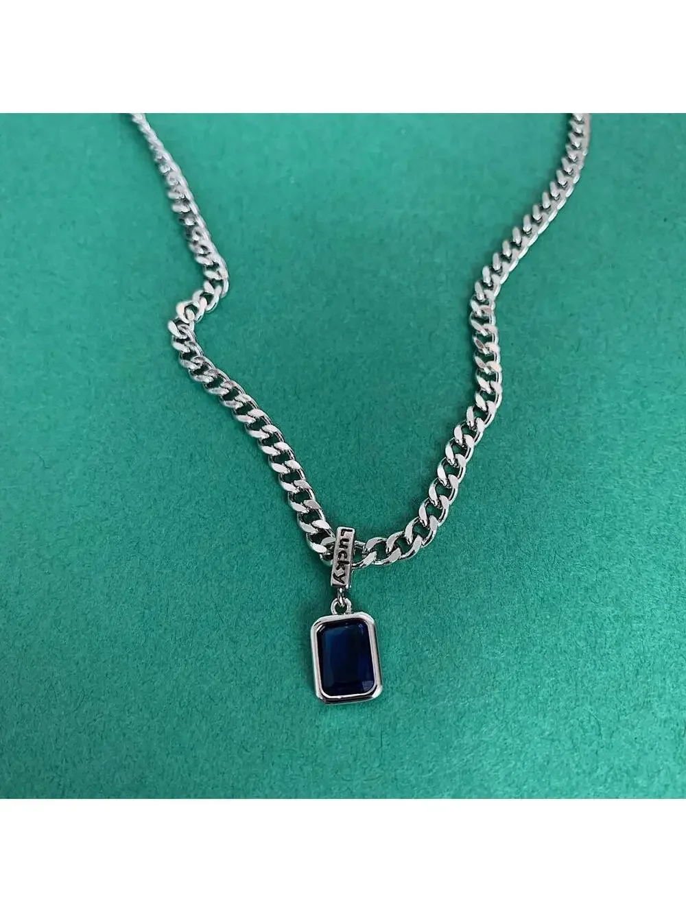 Sterling silver blue jewel pendant Cuban link choker necklace. Chain is unisex